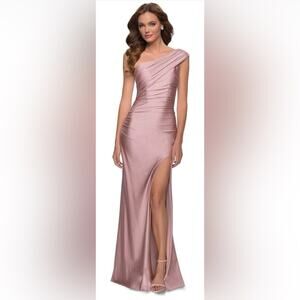 La Femme 29619 One Shoulder Fitted High Slit Shiny Jersey Gown Mauve Size 6 NWT